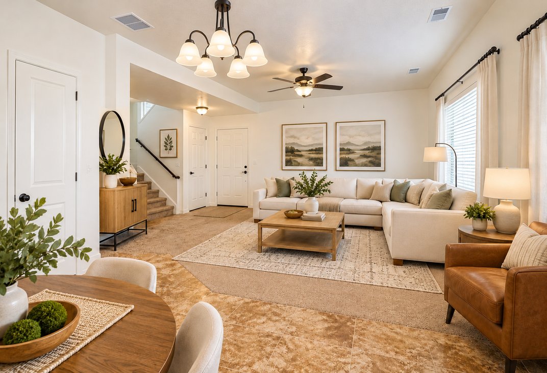 Open living and dining area with sectional sofa and ceiling fan