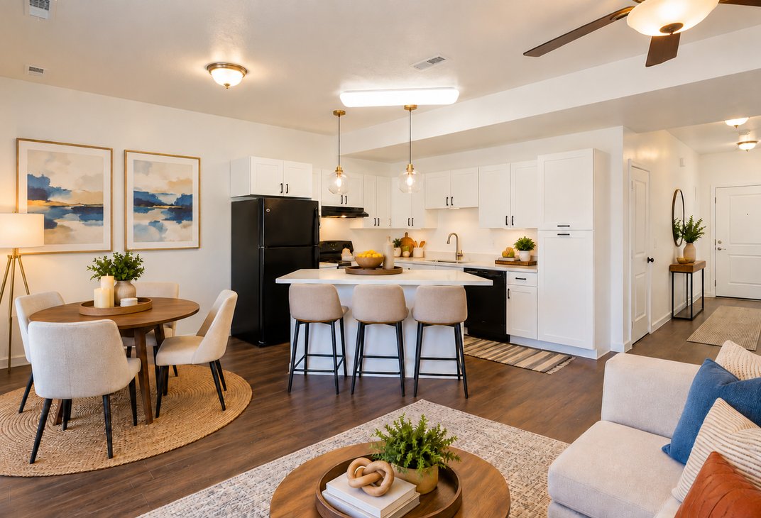 Furnished open-plan kitchen with island and white cabinets