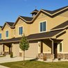 Townhomes with attached garages and a young tree